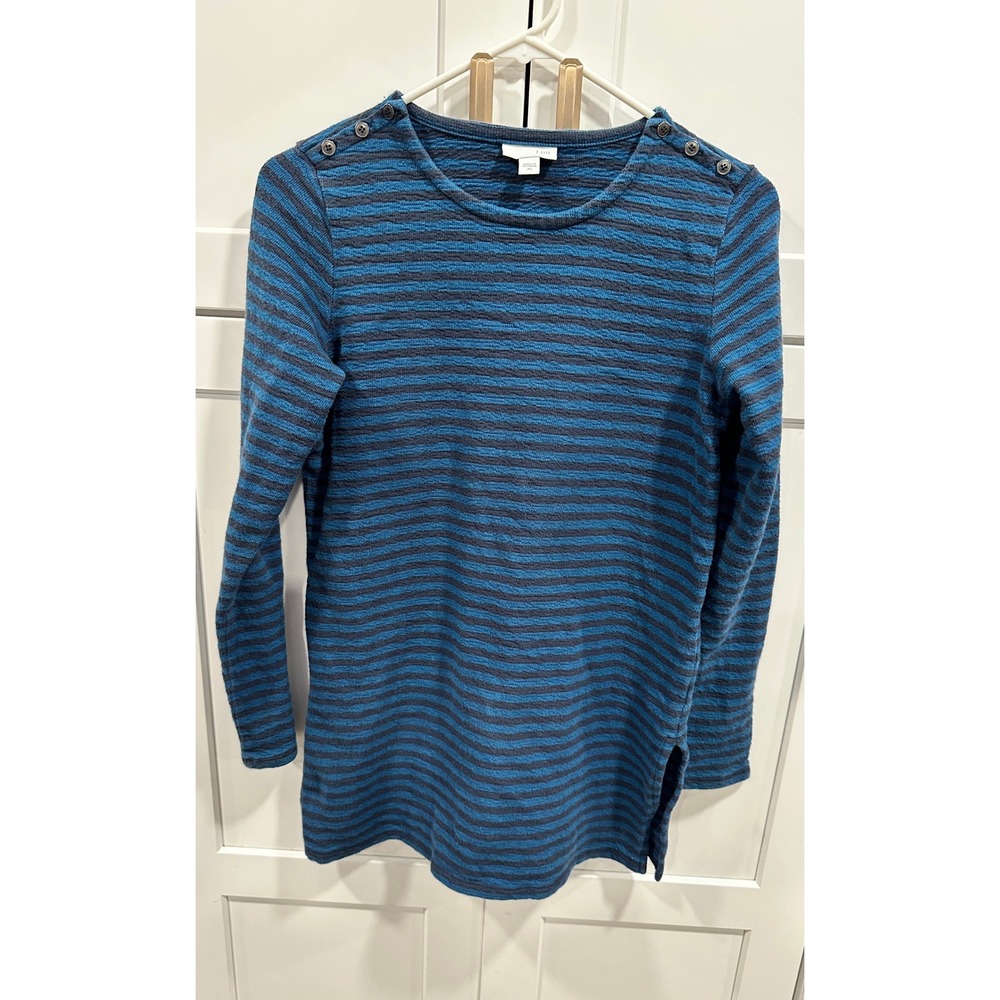 JJILL Striped Textured Knit‎ Tunic Top Womens XS Blue Button Shoulder Casual